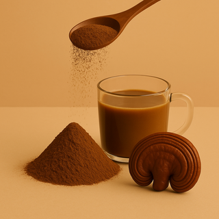 Reishi mushroom powder in a spoon on a wooden table